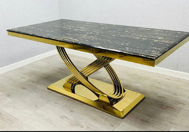 Rose Black and Gold Marble Dining Table + Santorini Black And Gold Dining Chairs