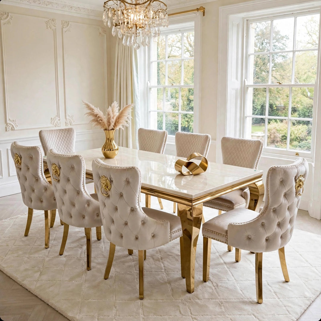Louise Cream And Gold Marble Dining Table + Victoria Gold Dining Chairs Cream & Gold Lion Knocker