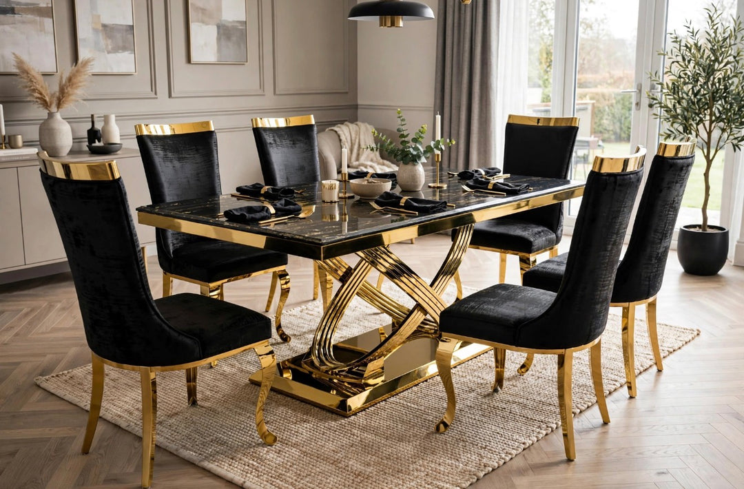 Rose Black & Gold Marble Dining Table with Roxby Black & Gold Dining Chairs | Luxury Dining Set