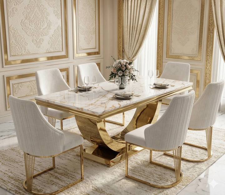 180cm & 200cm London Gold Marble Dining Table White & Gold with Chelmsford Mink & Gold Dining Chairs | Luxury Dining Set UK