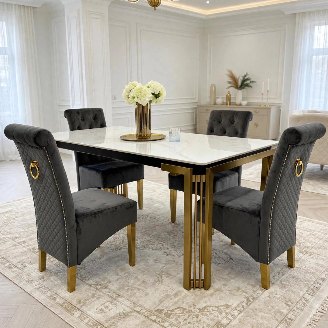 Sorrento White & Gold Marble Dining Table with Sofia Grey & Gold Velvet Dining Chairs