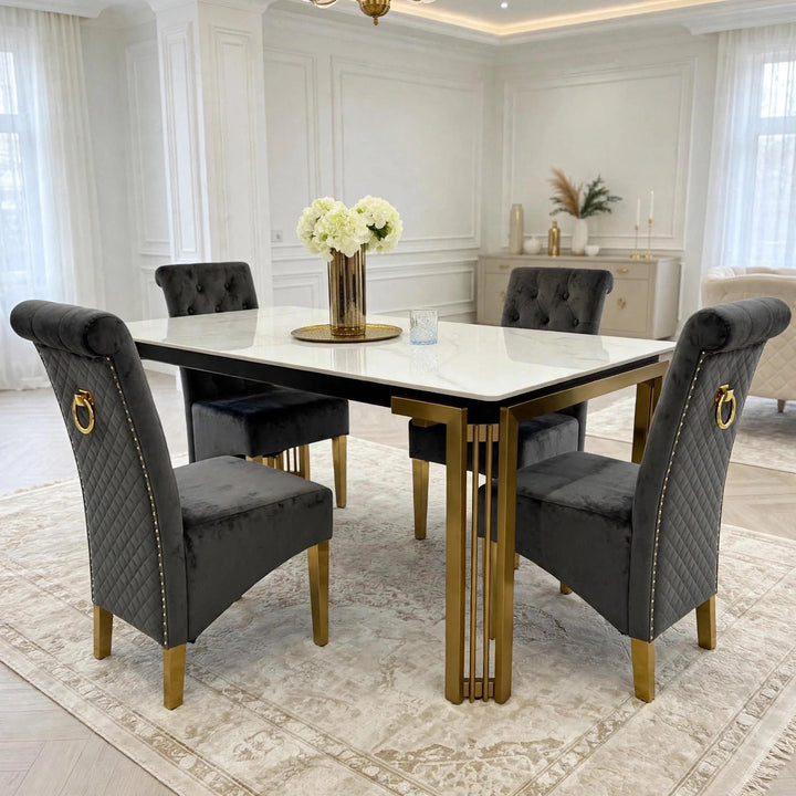 Sorrento White & Gold Marble Dining Table with Sofia Grey & Gold Velvet Dining Chairs