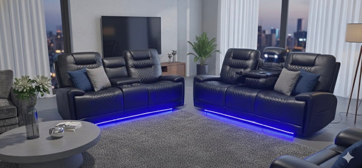 3 Seater Recliner Sofa Black and 2 Seater Recliner Sofa Black | LED , USB Charging Port, Power Recliner