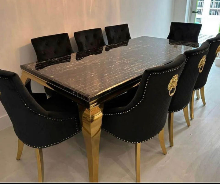 Louise Marble Dining Set Gold with Majestic Navy Blue & Gold Lion Knocker Chairs – Luxury Marble Dining Table