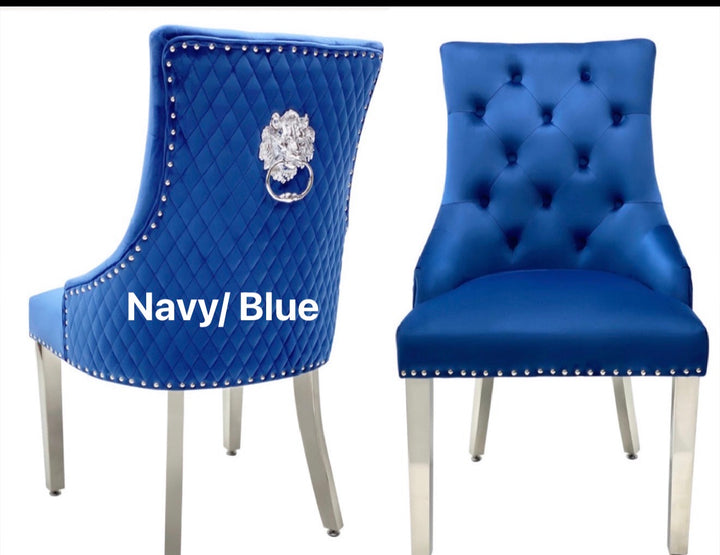 Denver Marble Dining Table Light Grey + Majestic Dining Chairs Lion Knocker