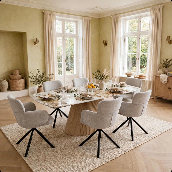 Marino Pandora Beige Extendable Dining Table 160-240cm with Tuscany Grey Velvet 360° Swivel Chairs