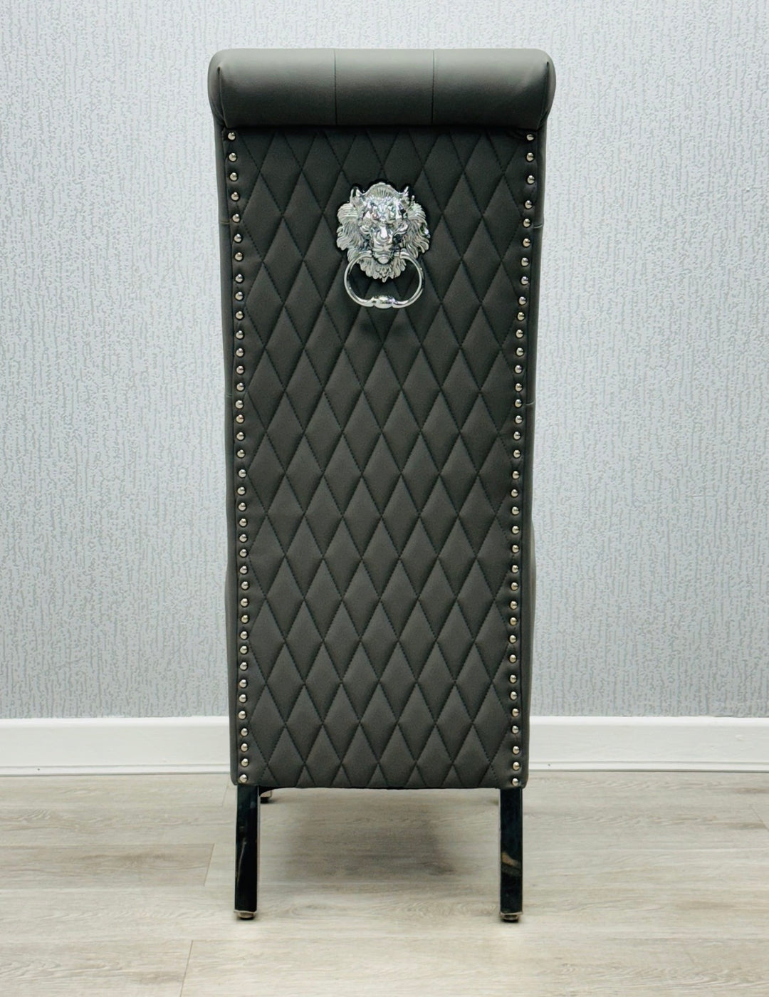 1.1M & 1.3M Round Grey Marble Dining Table + Sofia Grey Pu leather Lion knocker Chairs