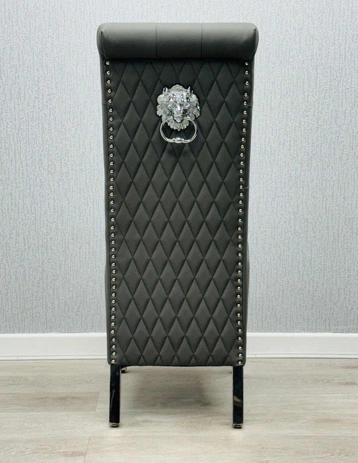 1.1M & 1.3M Round Grey Marble Dining Table + Sofia Grey Pu leather Lion knocker Chairs