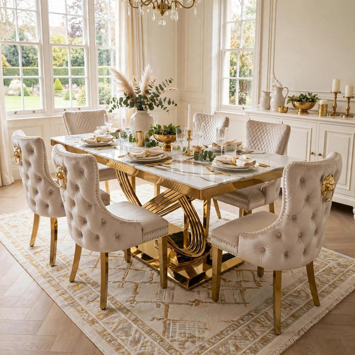 Rose White & Gold Marble Dining Table with Victoria Cream Gold Velvet Dining Chairs | 160cm or 180cm