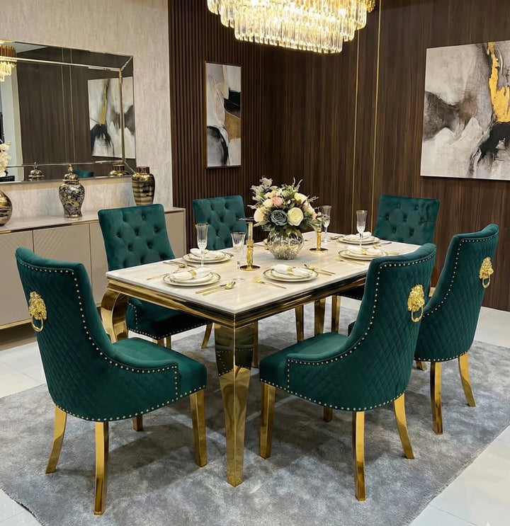 Louise Gold Marble Dining Table with Majestic Green & Gold Dining Chairs – Luxury 6 Seater Dining Set