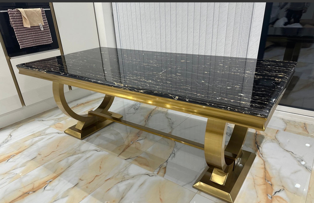 Arianna Gold Marble Dining Table + Sofia Black and Gold Dining chairs