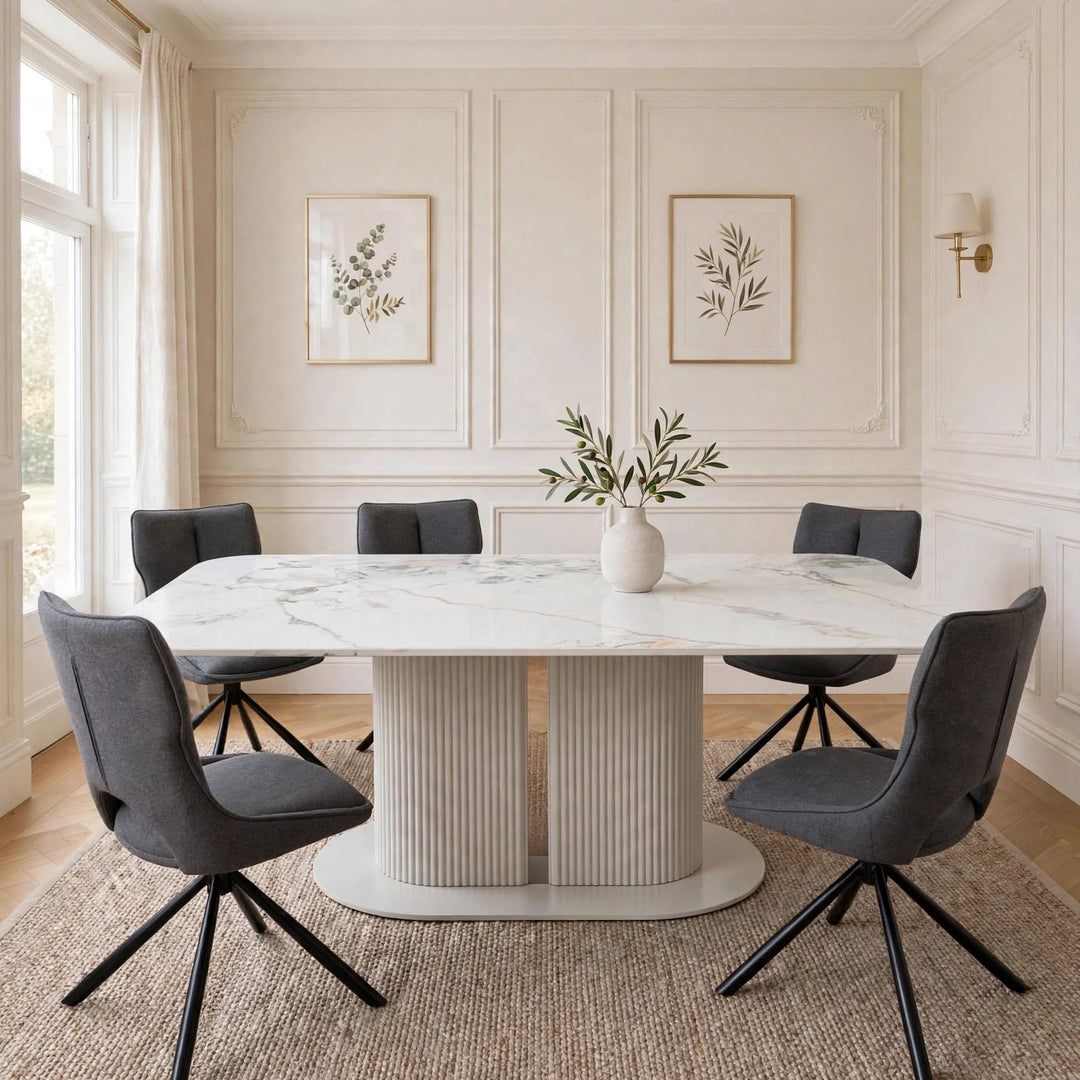 Alasgar Marble Dining Table 160cm White & Cream Pedestal Table with Roseland Grey 360 Swivel Chair Velvet Swivel Chairs Dining Set