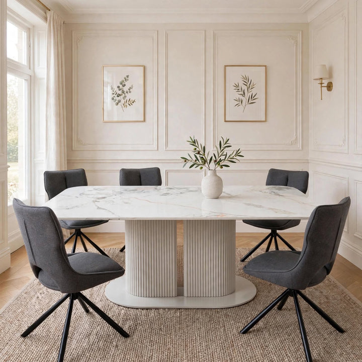 Alasgar Marble Dining Table 160cm White & Cream Pedestal Table with Roseland Grey 360 Swivel Chair Velvet Swivel Chairs Dining Set