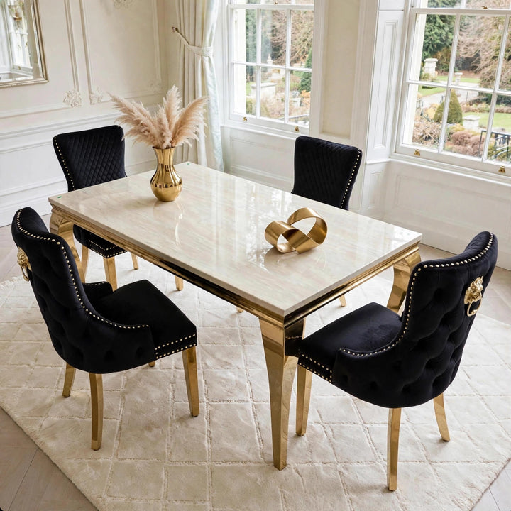 Louis Cream Gold Marble Dining Table + Victoria Black And Gold Dining Chairs Lion Knocker