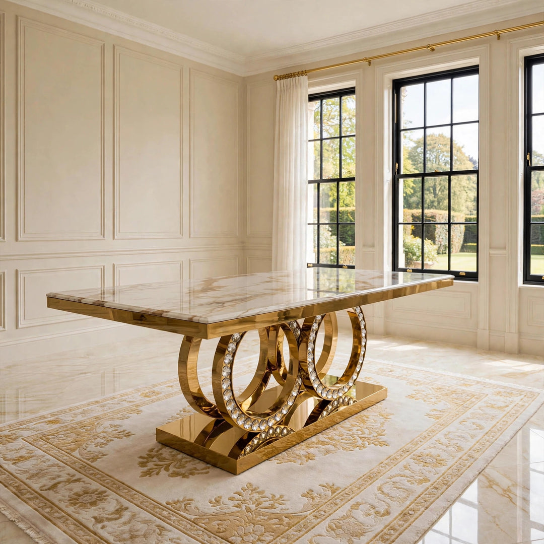 180cm Crystal White & Gold Marble Dining Table with Victoria Cream Velvet Gold Chairs