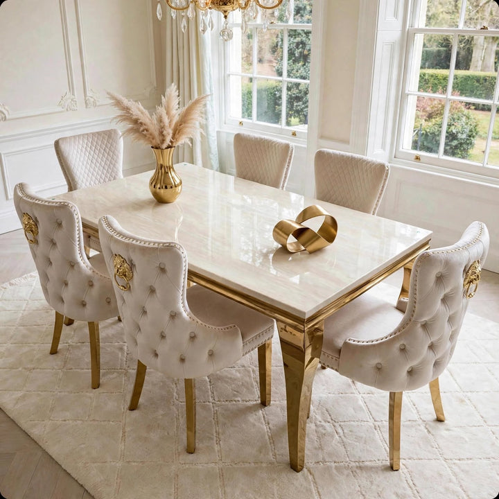Louise White And Gold Marble Dining Table + Victoria Gold Dining Chairs Cream & Gold Lion Knocker