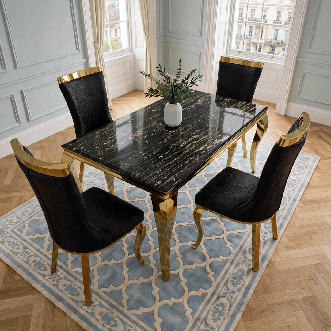 Louise Black & Gold Marble Dining Table with Roxby Black & Gold Dining Chairs