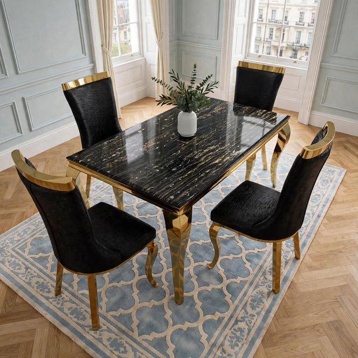 Louise Black & Gold Marble Dining Table with Roxby Black & Gold Dining Chairs