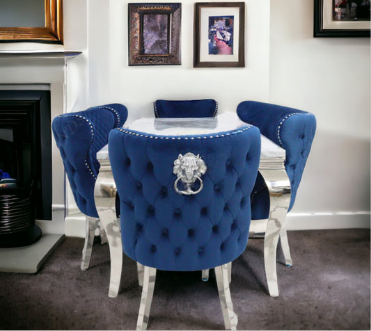 Louis Marble Dining Table + Valentino Dining Chairs Lion knocker Blue & Valentino Bench Blue