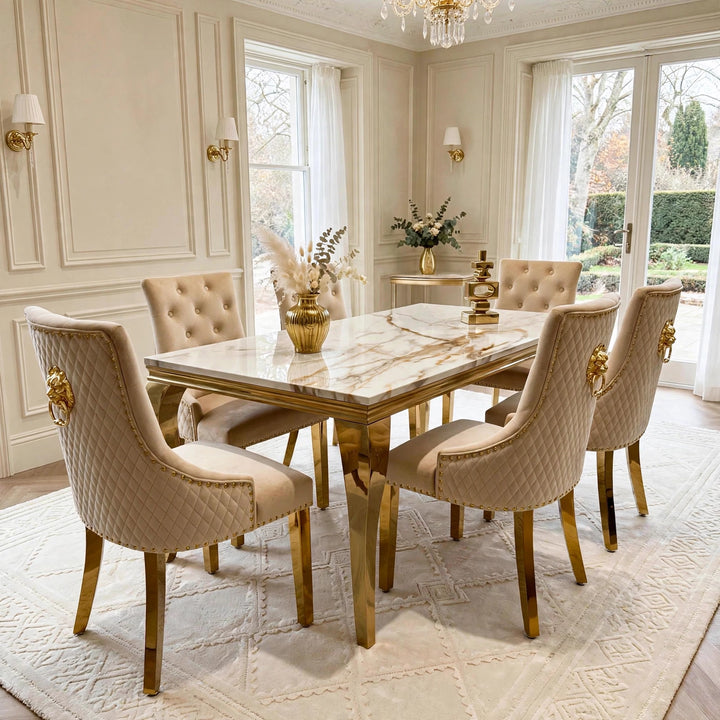 Louise White And Gold Marble Dining Table with Mink & Gold Lion Knocker Velvet Chairs – 4, 6 & 8 Seater