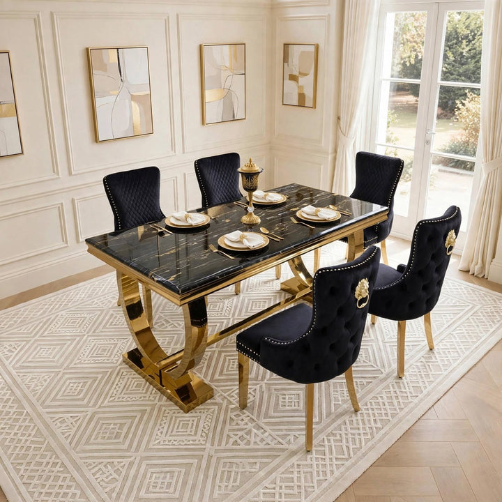 Arianna Black & Gold Marble Dining Table with Victoria Black & Gold Velvet Chairs