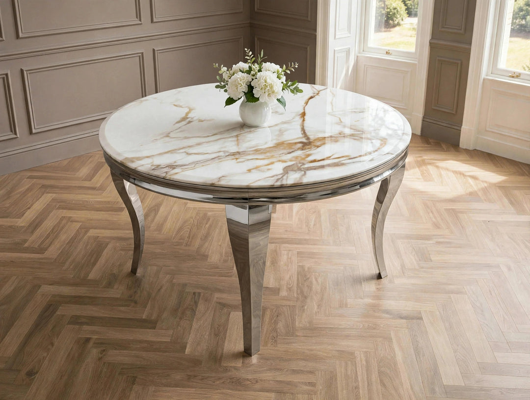 Louise 110cm Round White & Gold  Marble Dining Table