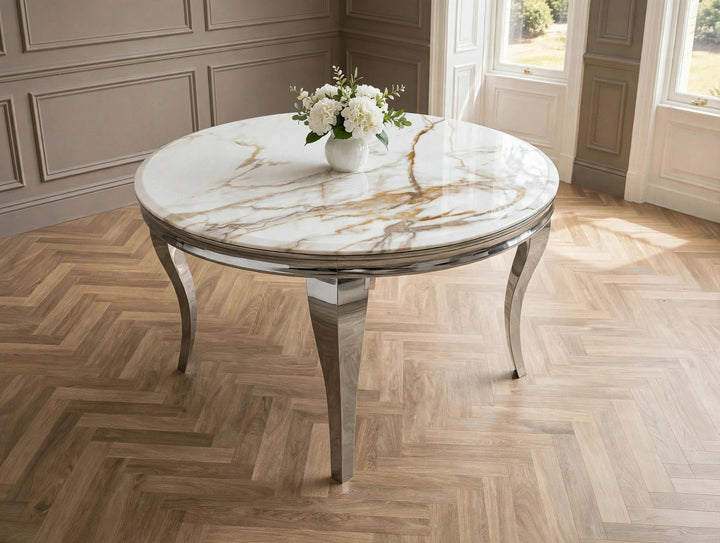 Louise 110cm Round White & Gold  Marble Dining Table