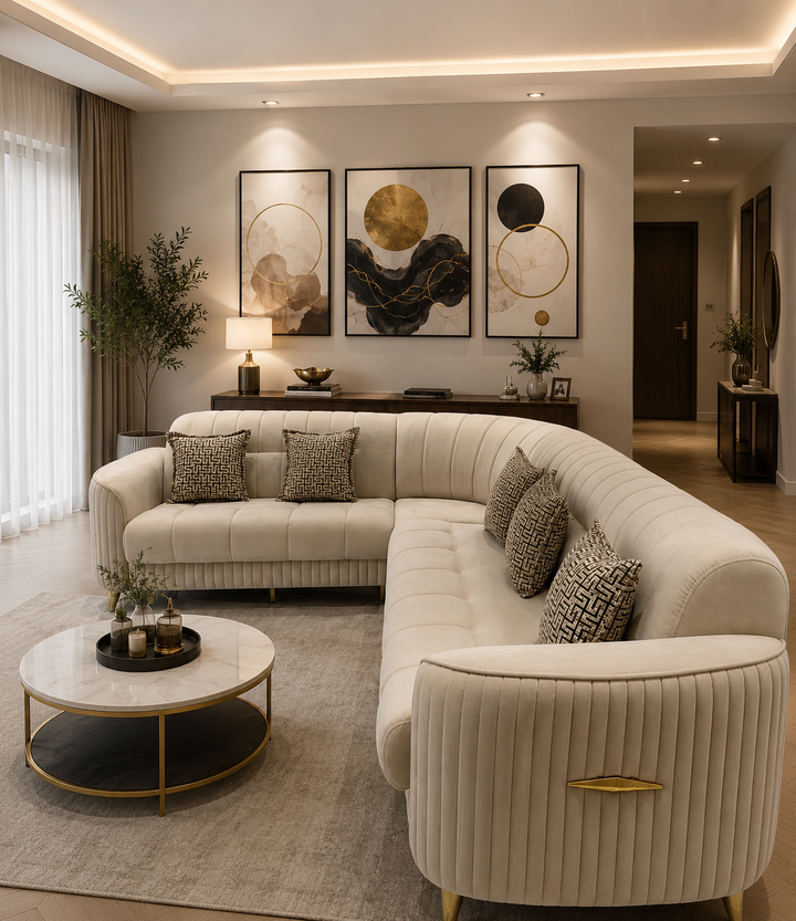 Key Perra Cream Corner Turkish Sofa Bed With Gold – Modern L-Shape Sleeper Sofa with Storage