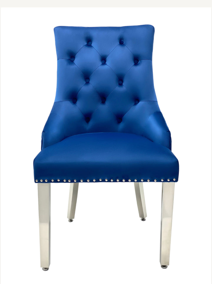 Louise Marble Dining Table with Majestic Blue Lion Knocker Chairs – Luxury Dining Set