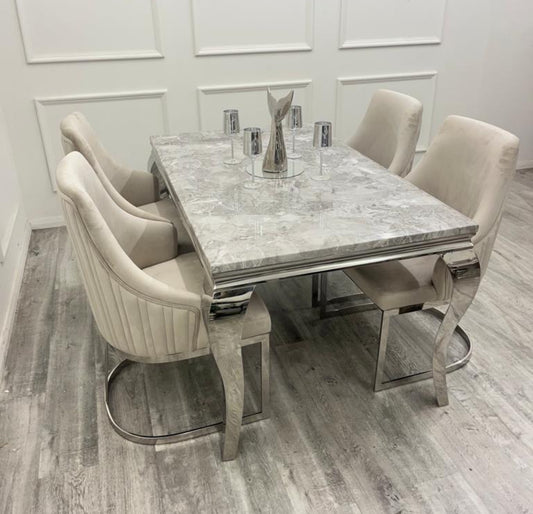 Louis Marble Dining Table With Chelmsford Mink Dining Chairs