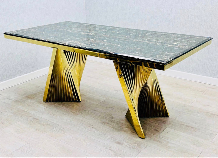 Rocco 180cm Cream Gold Dining Table With Victoria Cream Gold Lion knocker Dining Chairs