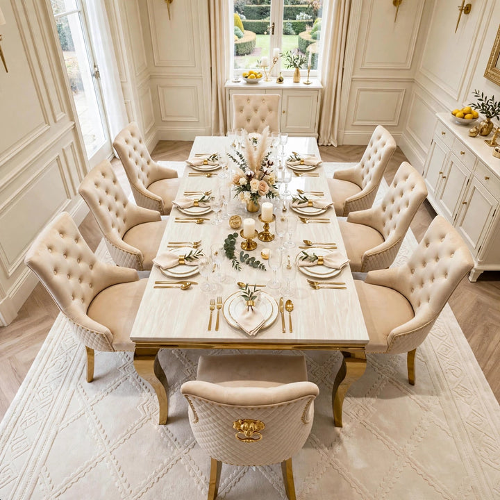 Louise Gold Cream Marble Dining Table with Mink & Gold Lion Knocker Velvet Chairs – 4, 6 & 8 Seater