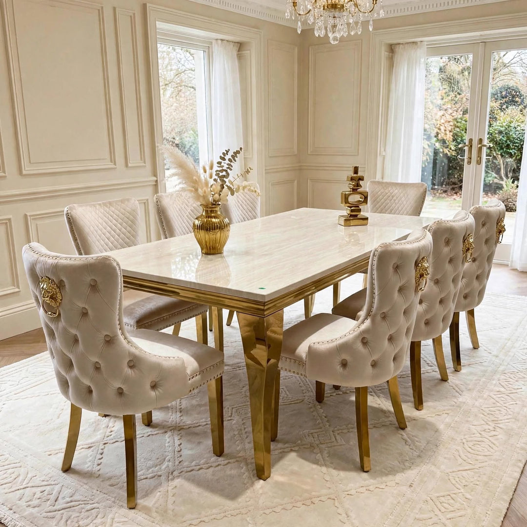 Louise Cream And Gold Marble Dining Table + Victoria Gold Dining Chairs Cream & Gold Lion Knocker