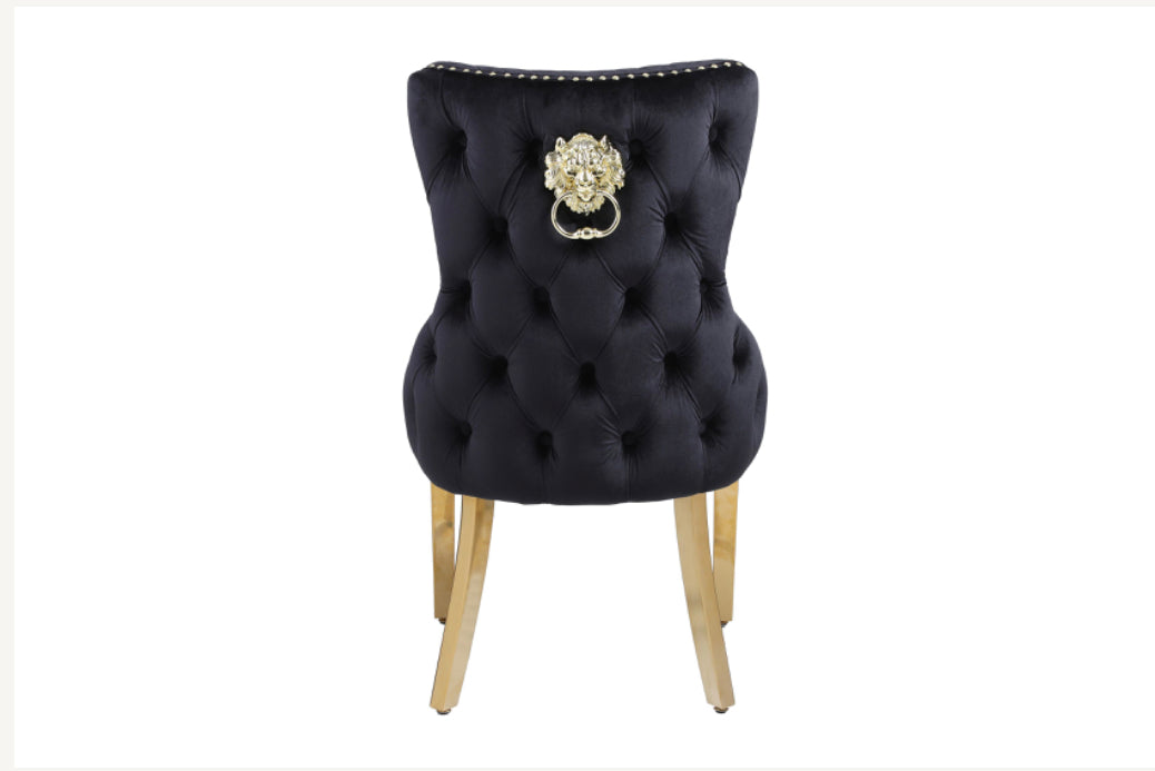 Louis Cream Gold Marble Dining Table + Victoria Black And Gold Dining Chairs Lion Knocker
