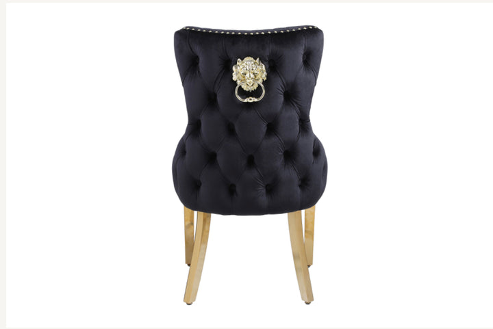 Louis Cream Gold Marble Dining Table + Victoria Black And Gold Dining Chairs Lion Knocker