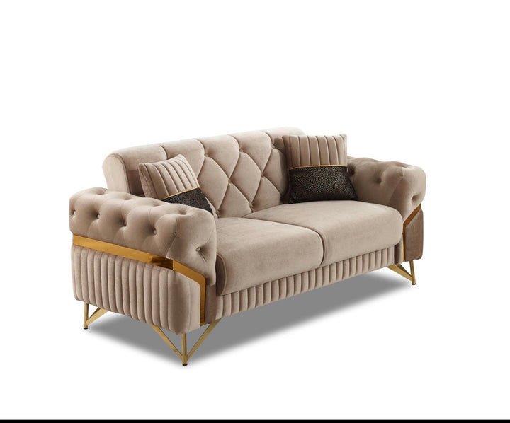 Marbela Mink & Gold Turkish Sofa Bed Set – 3 Seater Sofa Bed & 2 Seater – Luxury Fabric Sofa – UK Living Room Furniture