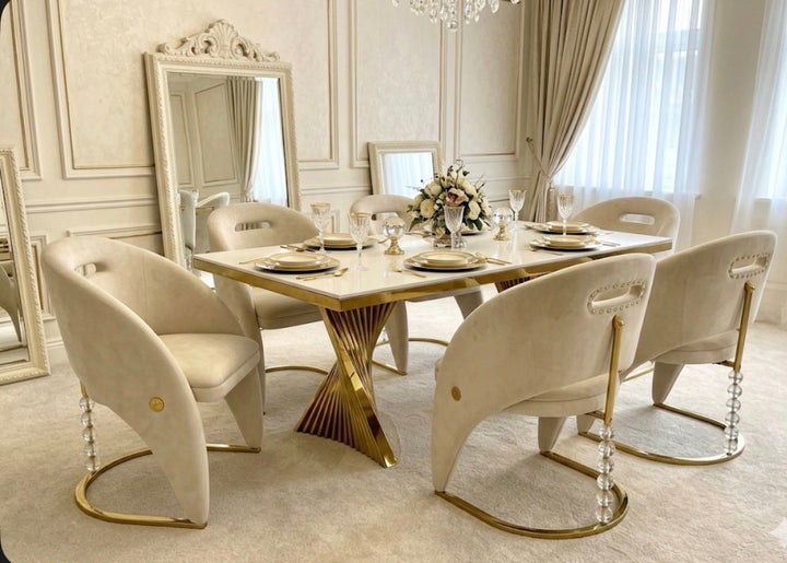 Rocco Cream Gold Marble Dining Table Set with California Cream & Gold Dining Chairs | Luxury UK Dining Furniture