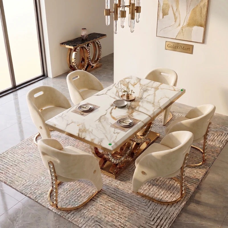 Crystal Dining Table 180cm with Rome Cream & Gold Dining Chairs | Luxury Dining Set UK