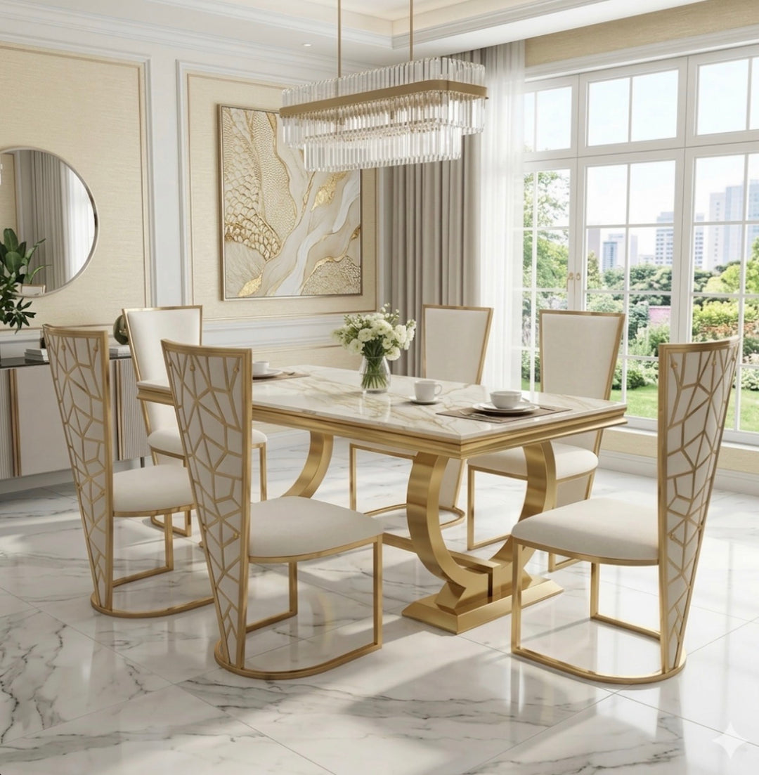 Cream and gold marble table set with 6 cream and gold chairs 
