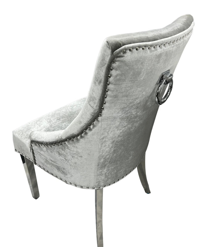 Rose 180cm Grey Marble Dining Table With Lion Knocker Dining Chairs