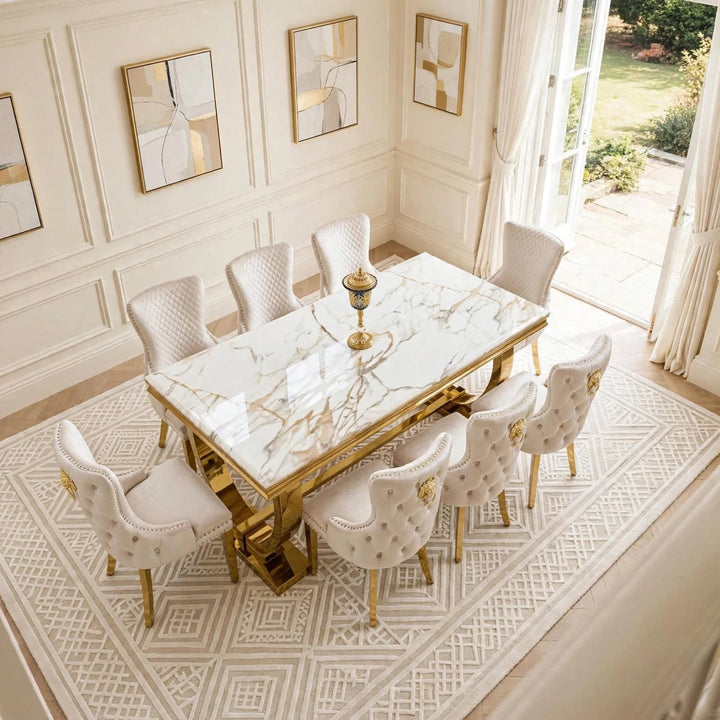 Arianna White & Gold Marble Dining Table with Victoria Cream & Gold Velvet Chairs