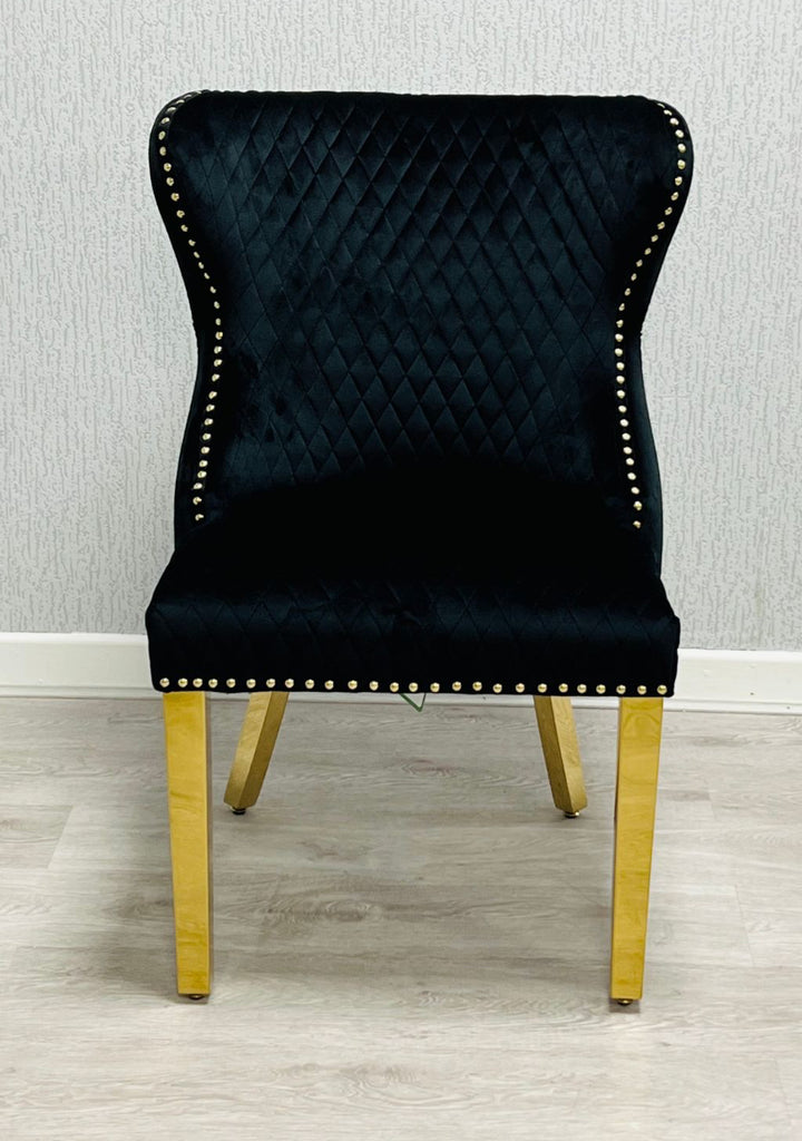 Louis Gold Marble Dining Table + Valentino Gold Dining chairs Lion knocker Mink