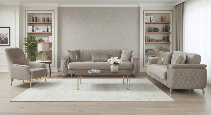 Bellway Turkish Cream Sofa Bed Set with Gold Trim – 3 Seater, 2 Seater & 1 Seater with Storage | Luxury Living Room Furniture UK