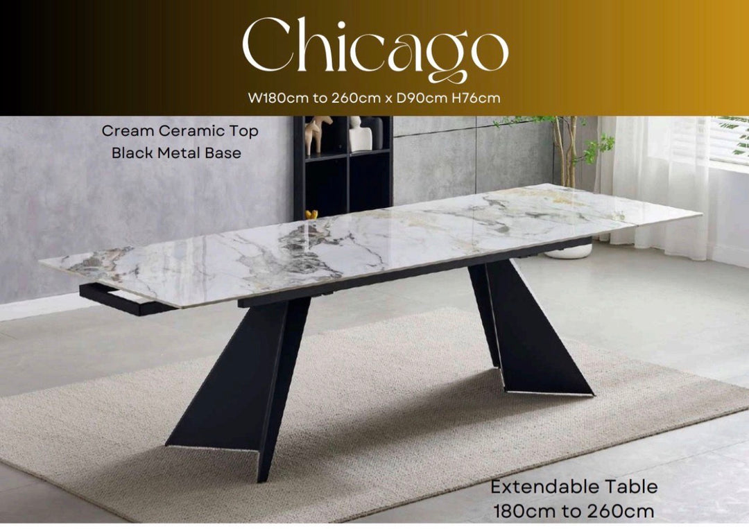 Chicago Extendable Dining Table 180–260cm Ceramic White Gold Top with Black Legs – Seats 4 to 12