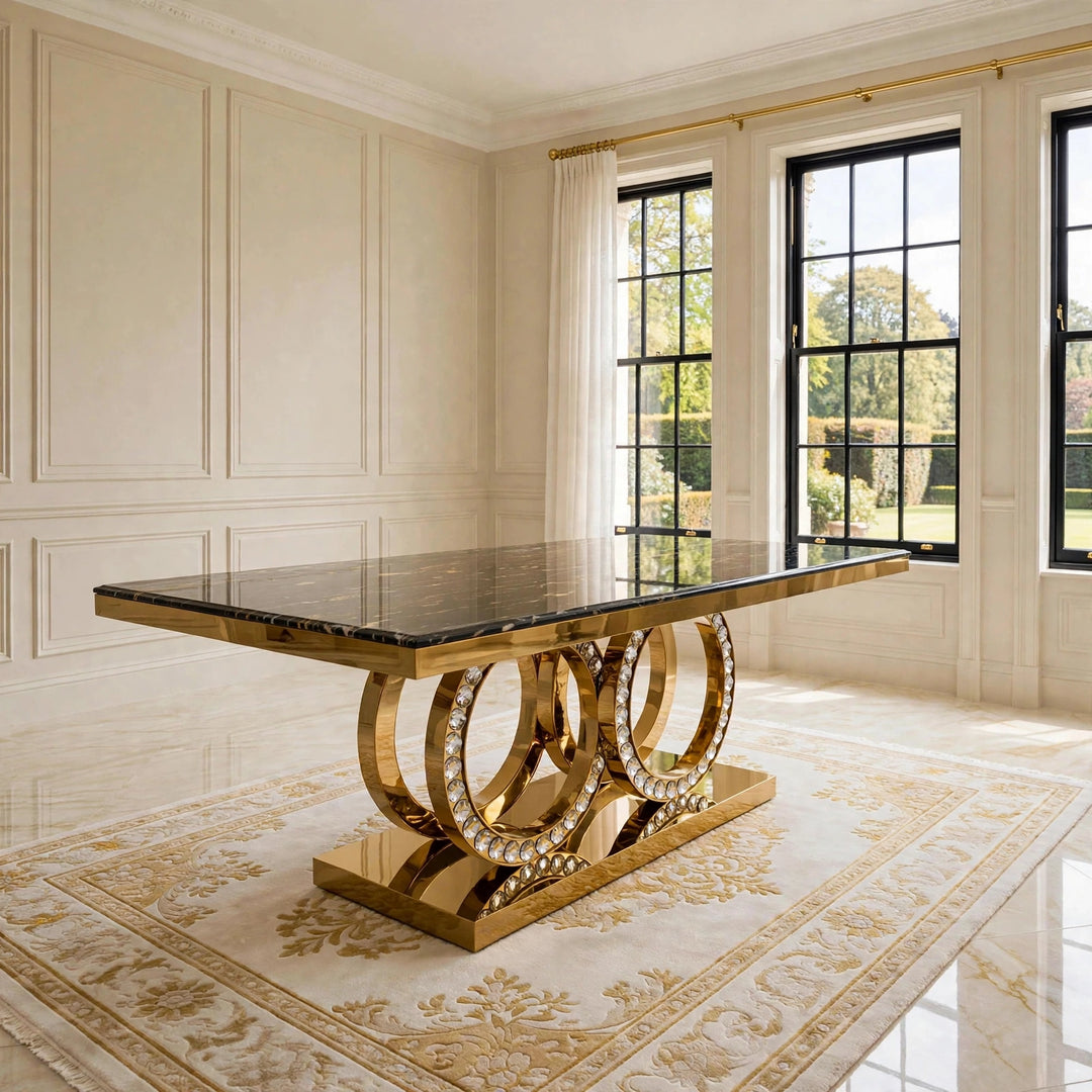 180cm Crystal Black & Gold Dining Table, Rose Black & Gold Chairs, Gold Dining Set UK