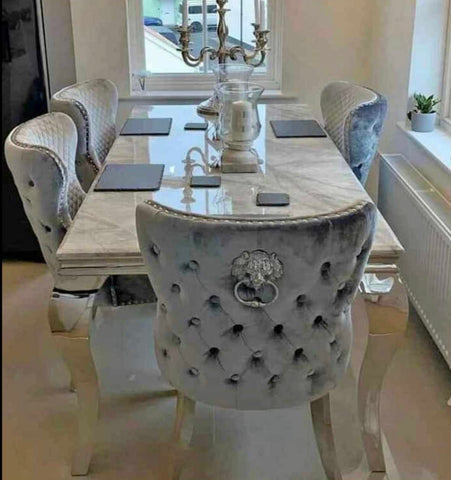 Louis Marble Dining Table With Valentino Dark Grey Lion knocker Chairs