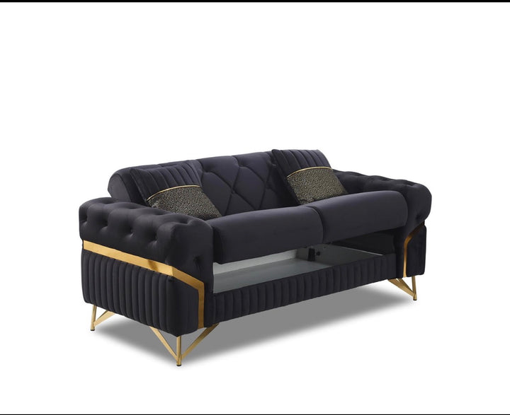 Marbela Black & Gold Turkish Sofa Bed Set – 3 Seater Sofa Bed & 2 Seater – Luxury Fabric Sofa UK