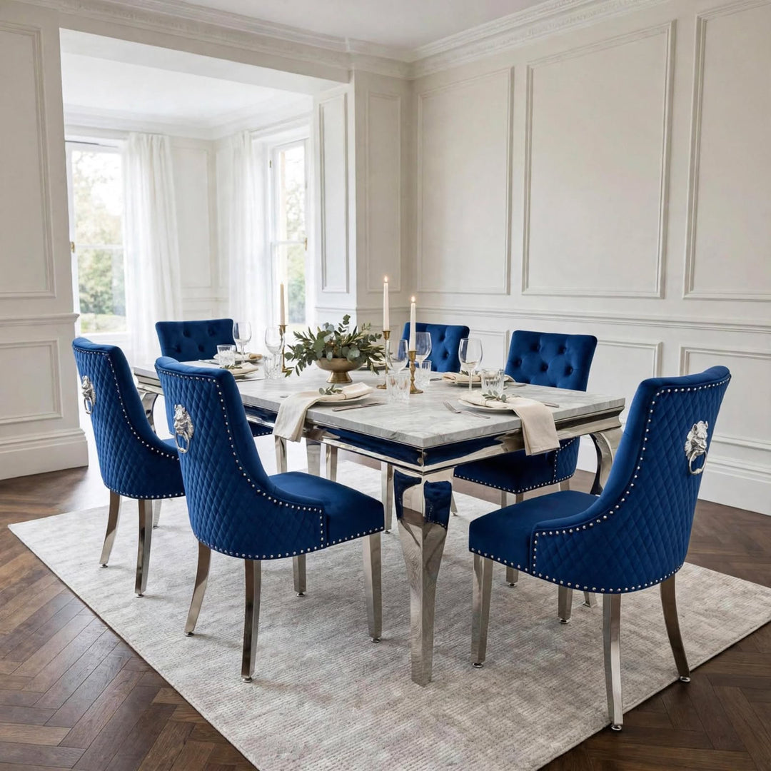 Louise Marble Dining Table with Majestic Blue Lion Knocker Chairs – Luxury Dining Set