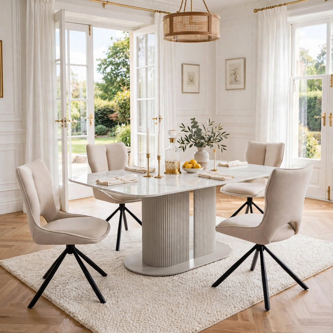 Alasgar Marble Dining Table 160cm White & Cream Pedestal Table with Roseland Beige 360 Swivel Chair Velvet Swivel Chairs Dining Set