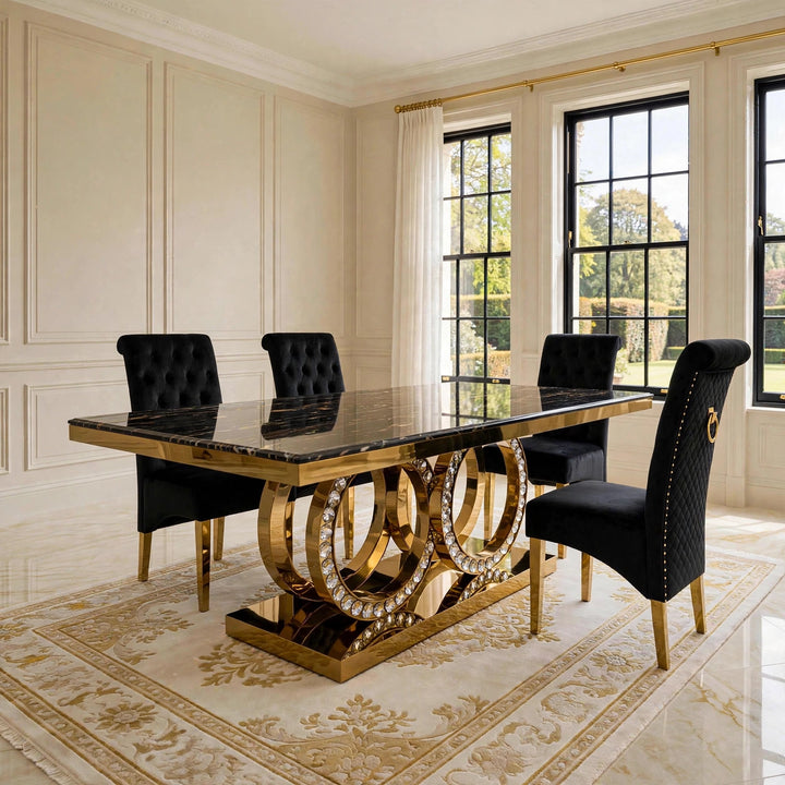 160cm Crystal Black & Gold Dining Table with Sofia Black & Gold Velvet Chairs